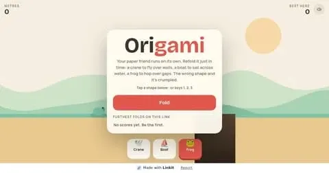 Origami: the game's start screen