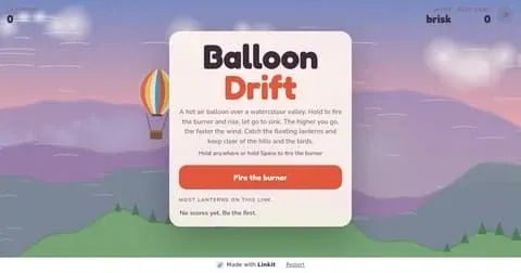 Balloon Drift: the game's start screen